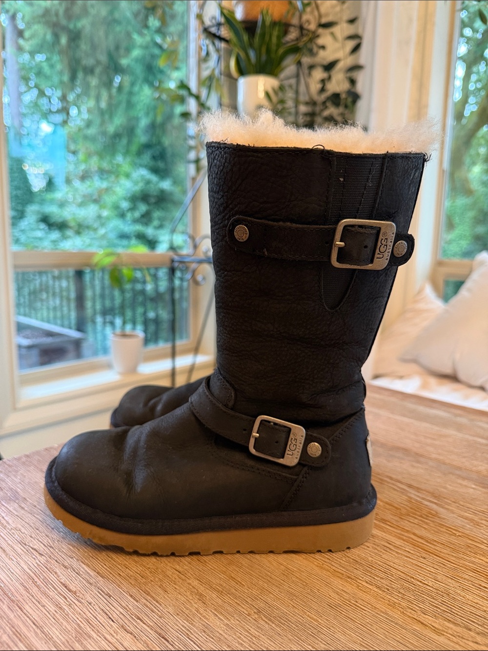 UGG Kensington Kids Black Shearling Buckle Mid-Calf Boots